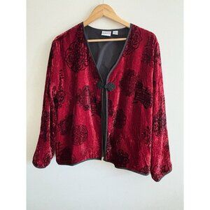 CHICOS Sz 2 L Burgundy Red Crushed Velvet SILK ASIAN KIMONO Jacket CARDIGAN